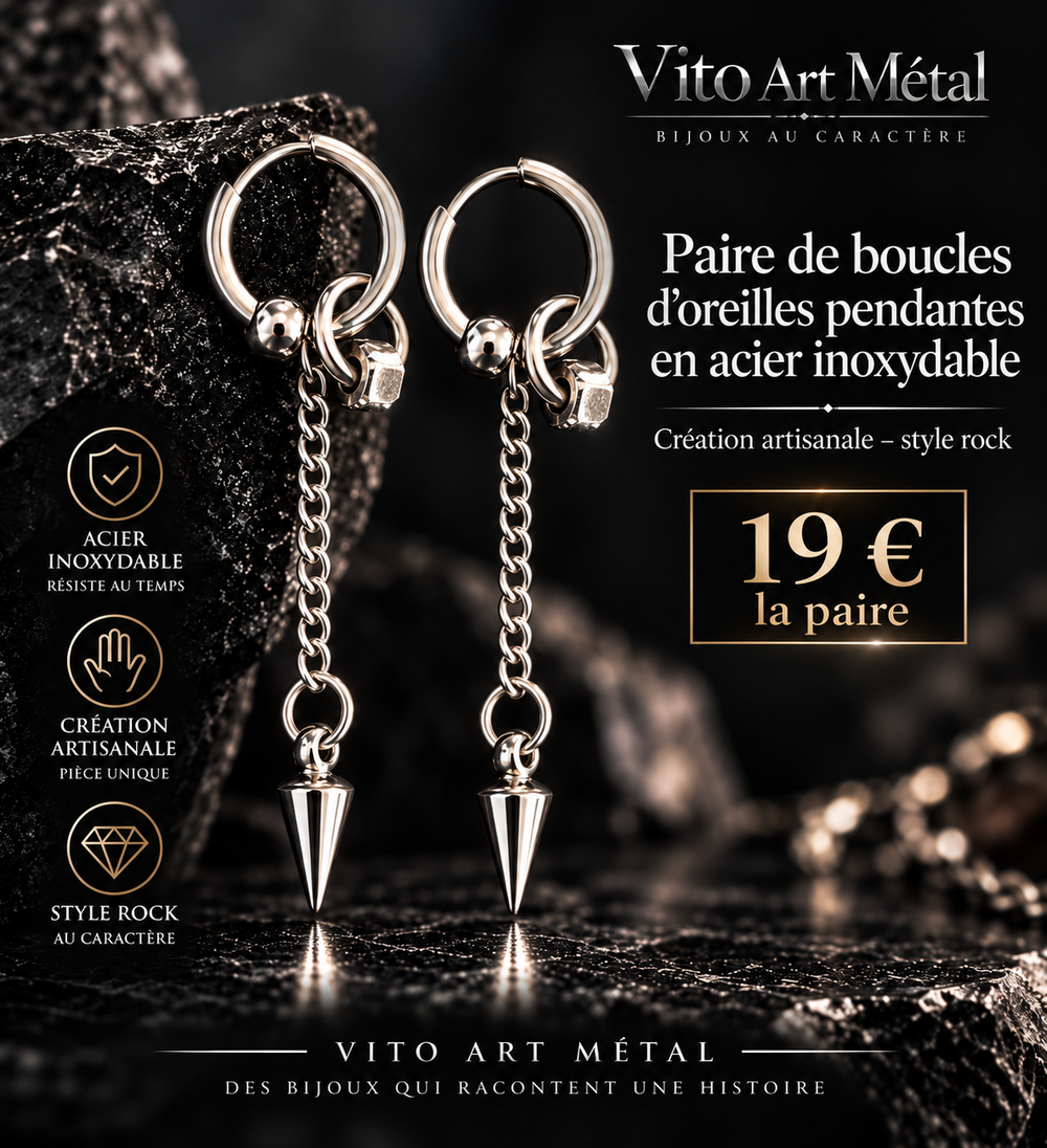 Mise en scène des boucles d’oreilles pendantes en acier inoxydable style rock – Vito Art Métal