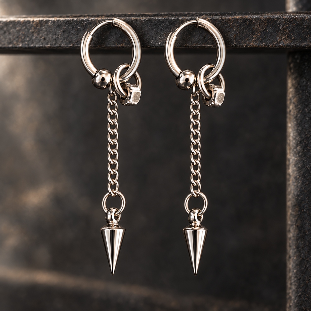 Paire de boucles d’oreilles pendantes chaîne, pointe et écrou en acier inoxydable sur fond de métal sombre