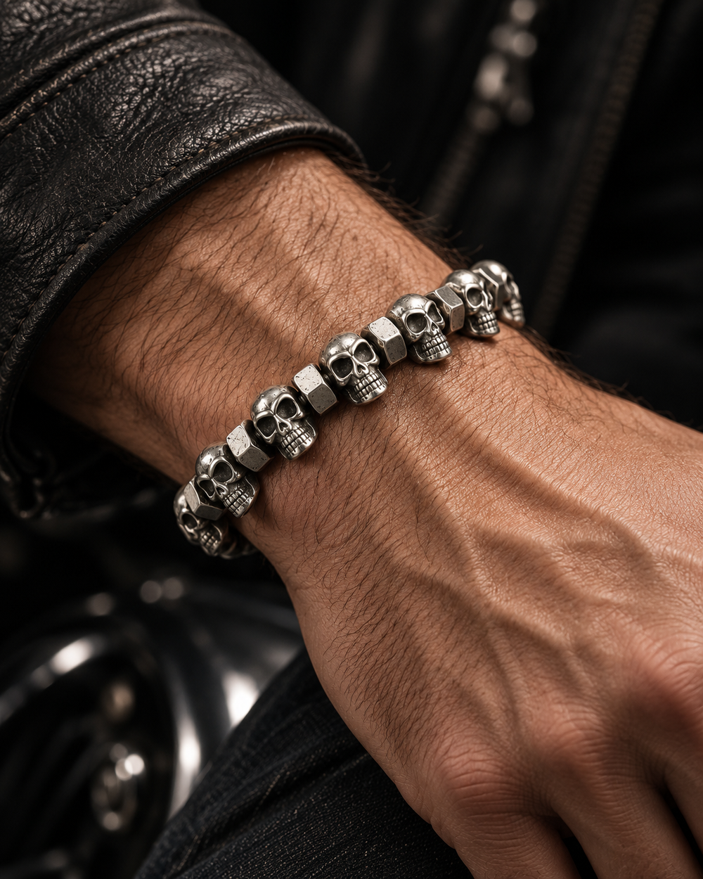 Bracelet en acier à têtes de mort et écrous porté au poignet