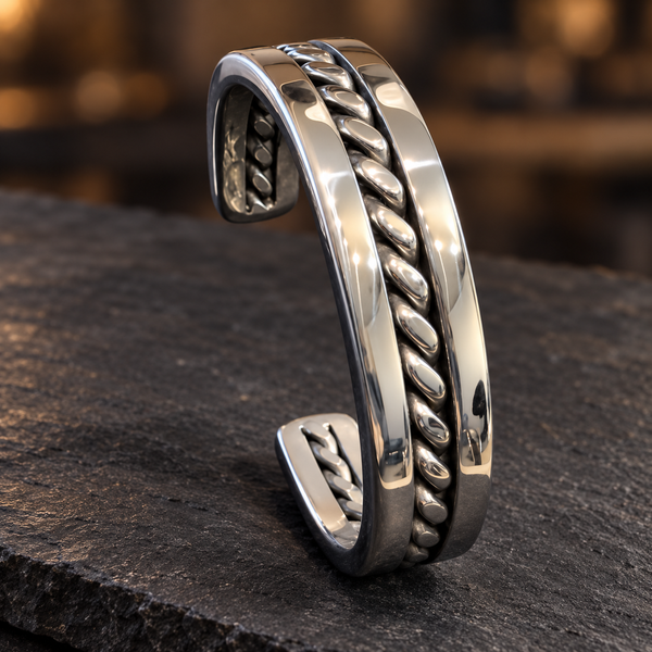 Bracelet jonc massif en inox 316L, torsade centrale entre deux bordures au polissage miroir, sur pierre sombre