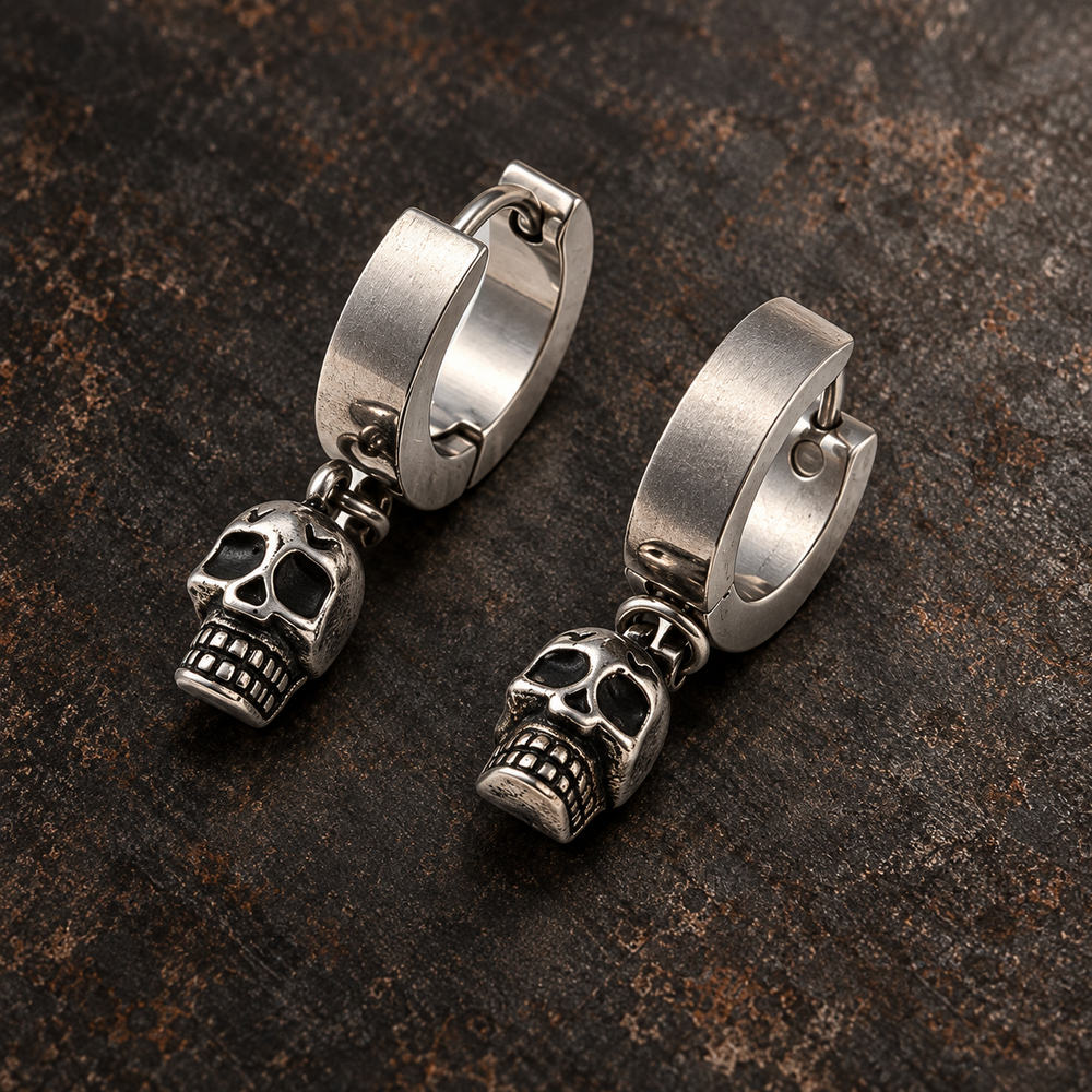 Paire de créoles pendantes crâne en acier inoxydable 304, finition argent antique