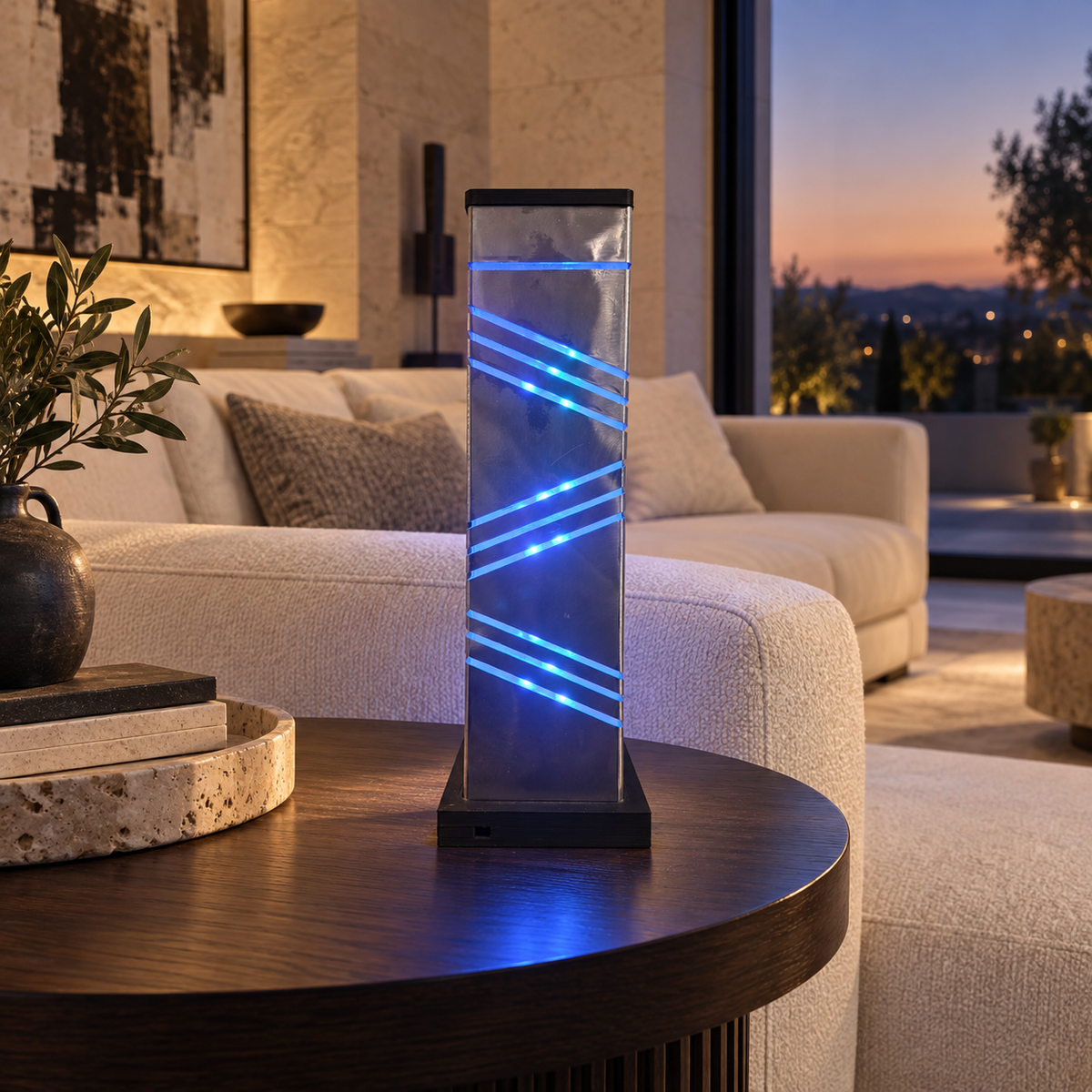 Lampe à poser en métal modèle 3, éclairage bleu dans un salon contemporain