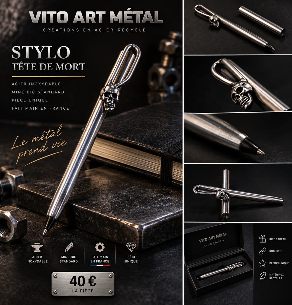 Stylo tête de mort en acier inoxydable sur fond noir – Vito Art Métal