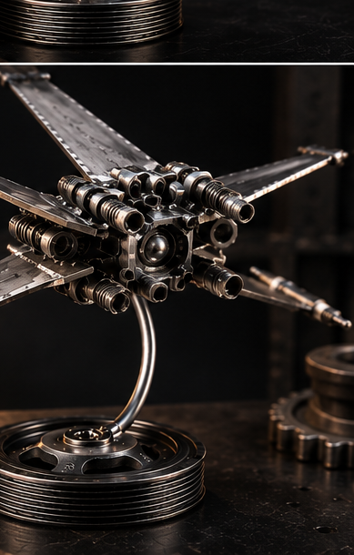 Sculpture X-Wing en métal recyclé Vito Art Métal – vue arrière trois-quarts
