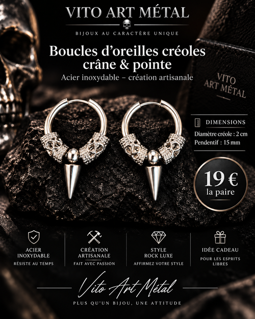 Mise en scène des boucles d’oreilles créoles crâne et pointe en acier inoxydable – Vito Art Métal