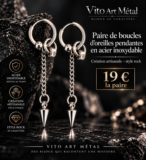 Mise en scène des boucles d’oreilles pendantes en acier inoxydable style rock – Vito Art Métal