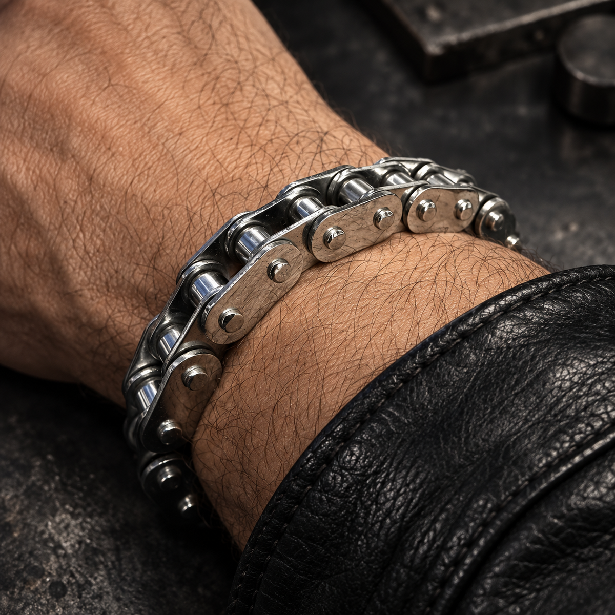Détail des maillons en acier inoxydable du bracelet chaîne moto