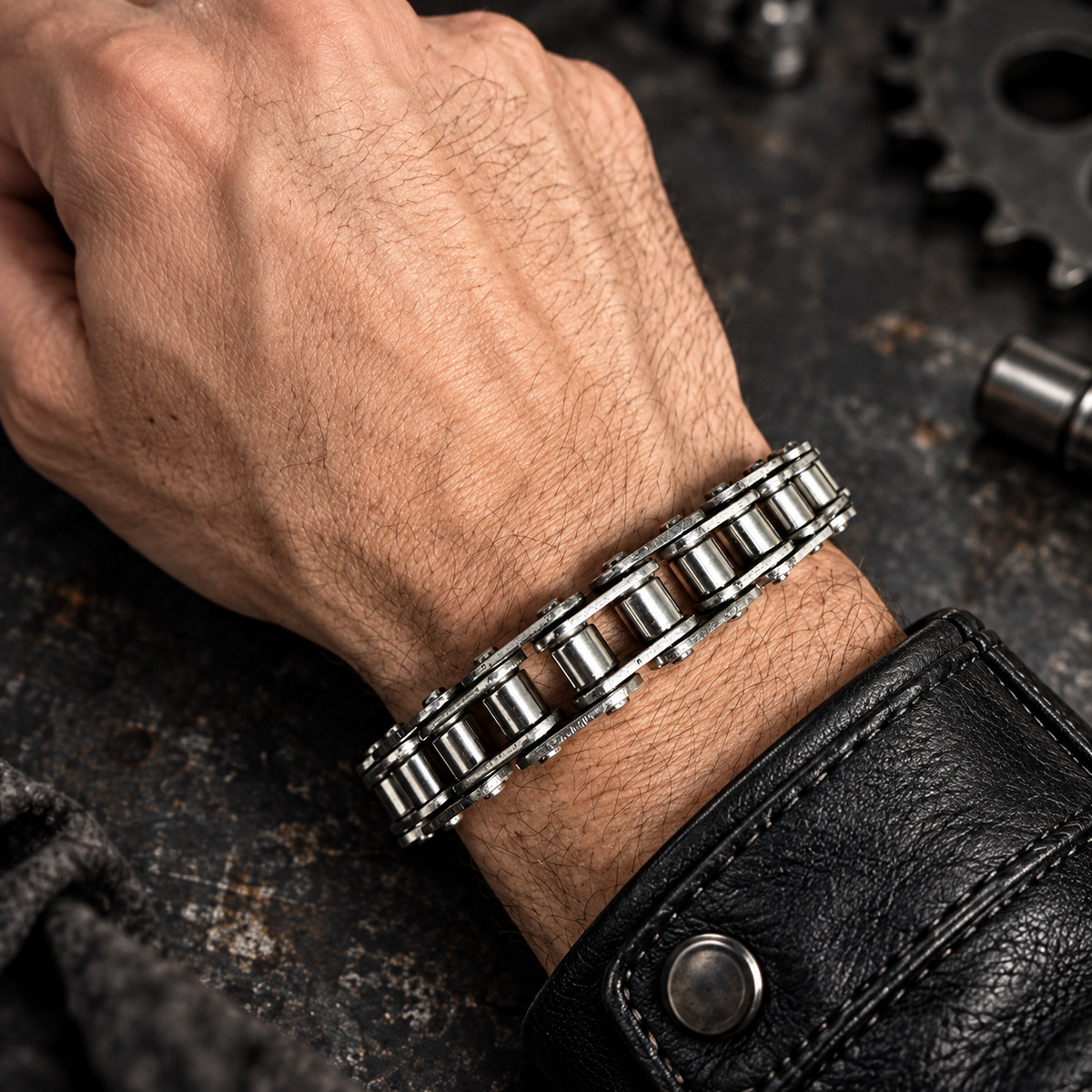 Bracelet chaîne moto en inox Vito Art Métal porté au poignet