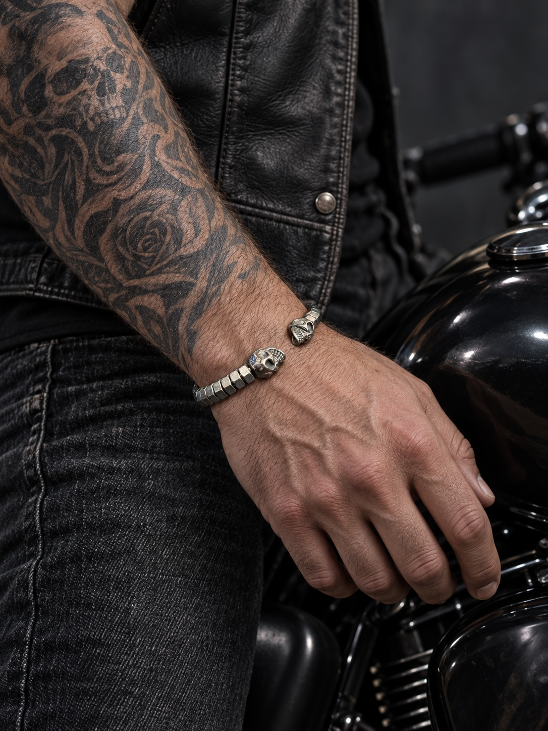 Bracelet jonc écrous alignés et deux crânes porté au poignet