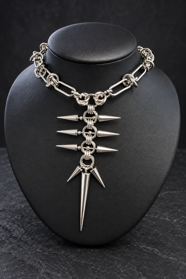 Collier à pointes et chaîne à maillons noués — détail du bijou, photo retouchée