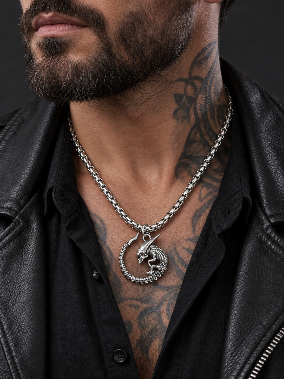 Collier Alien enroulé — mise en situation sur mannequin biker tatoué