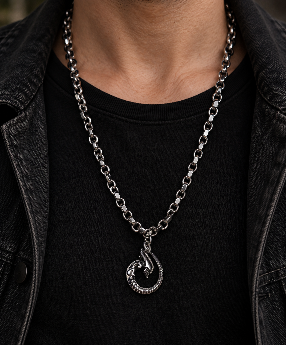 Mise en situation du collier Alien sur sa chaîne à écrous, porté sur un haut noir