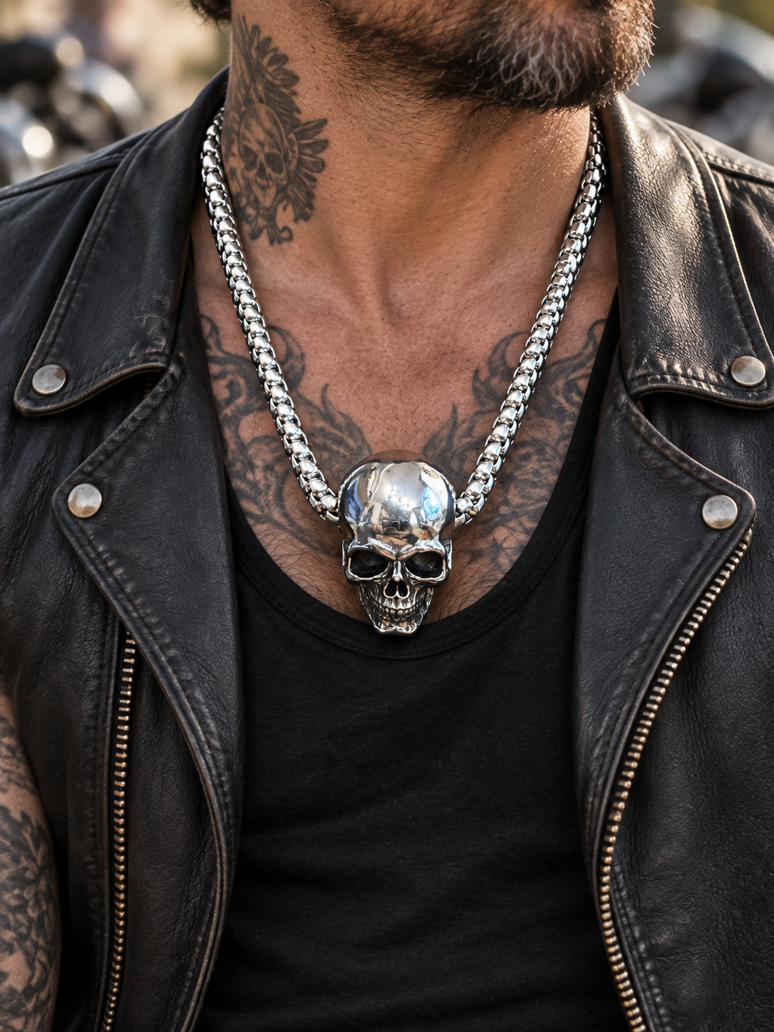 Collier grand crâne à chaîne traversante en acier inoxydable — porté par un biker tatoué