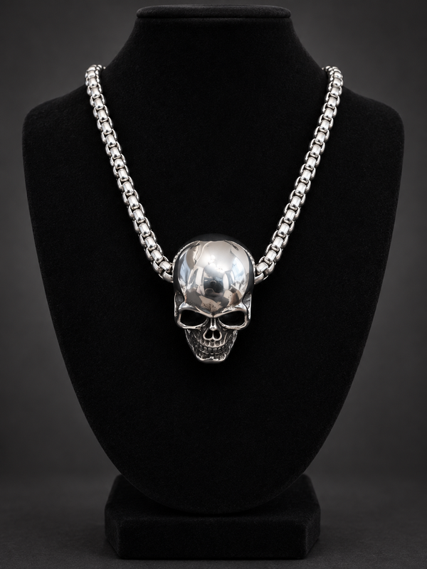 Collier grand crâne à chaîne traversante en acier inoxydable — vue sur buste