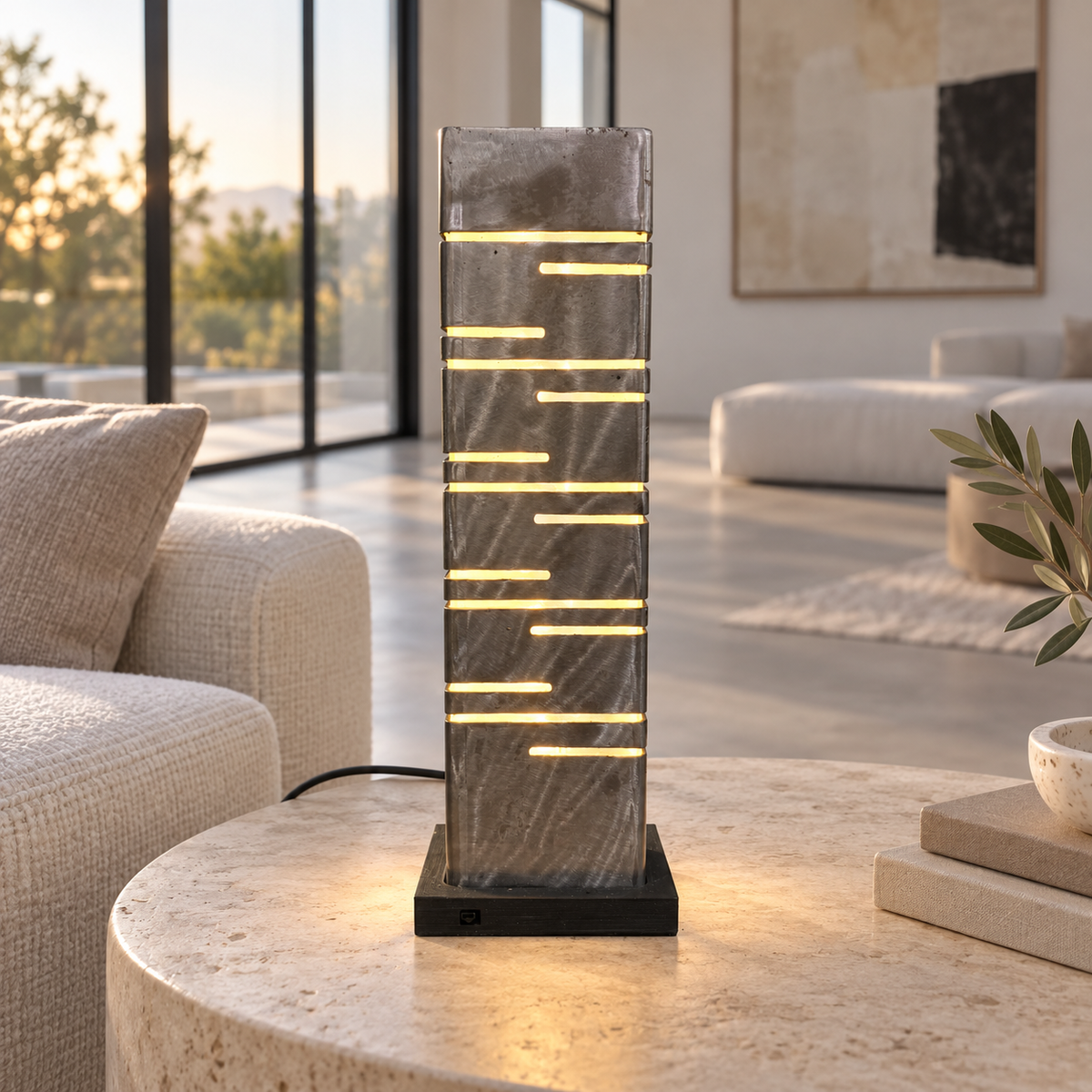 Lampe LED en métal mise en scène dans un salon moderne, sur une table en pierre