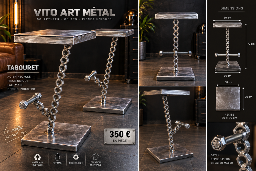 Tabouret industriel en acier recyclé et écrous soudés – Vito Art Métal
