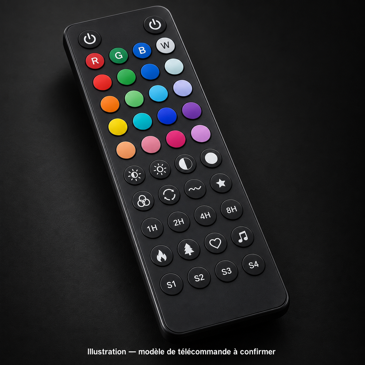 Illustration d’une grande télécommande noire RGBW, modèle à confirmer